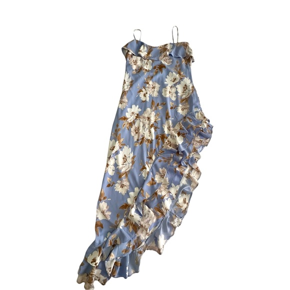 Abercrombie & Fitch Blue Floral Asymmetrical Ruffle Midi Dress | Size L - Picture 6 of 16